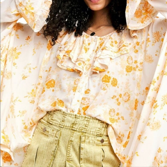 Free People Loretta Boho Floral Ruffle oversized cottage core high low tunic - Picture 1 of 13